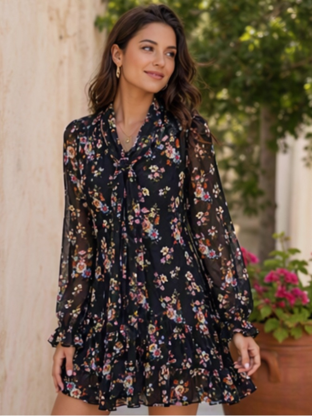 🌹 Zara Woman 🌹 Sheer Black Floral Long Sleeve Ruffle Dress